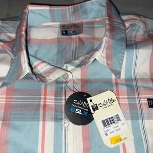 Salt Life Men's Light Blue & Coral Plaid Performance Button-Down